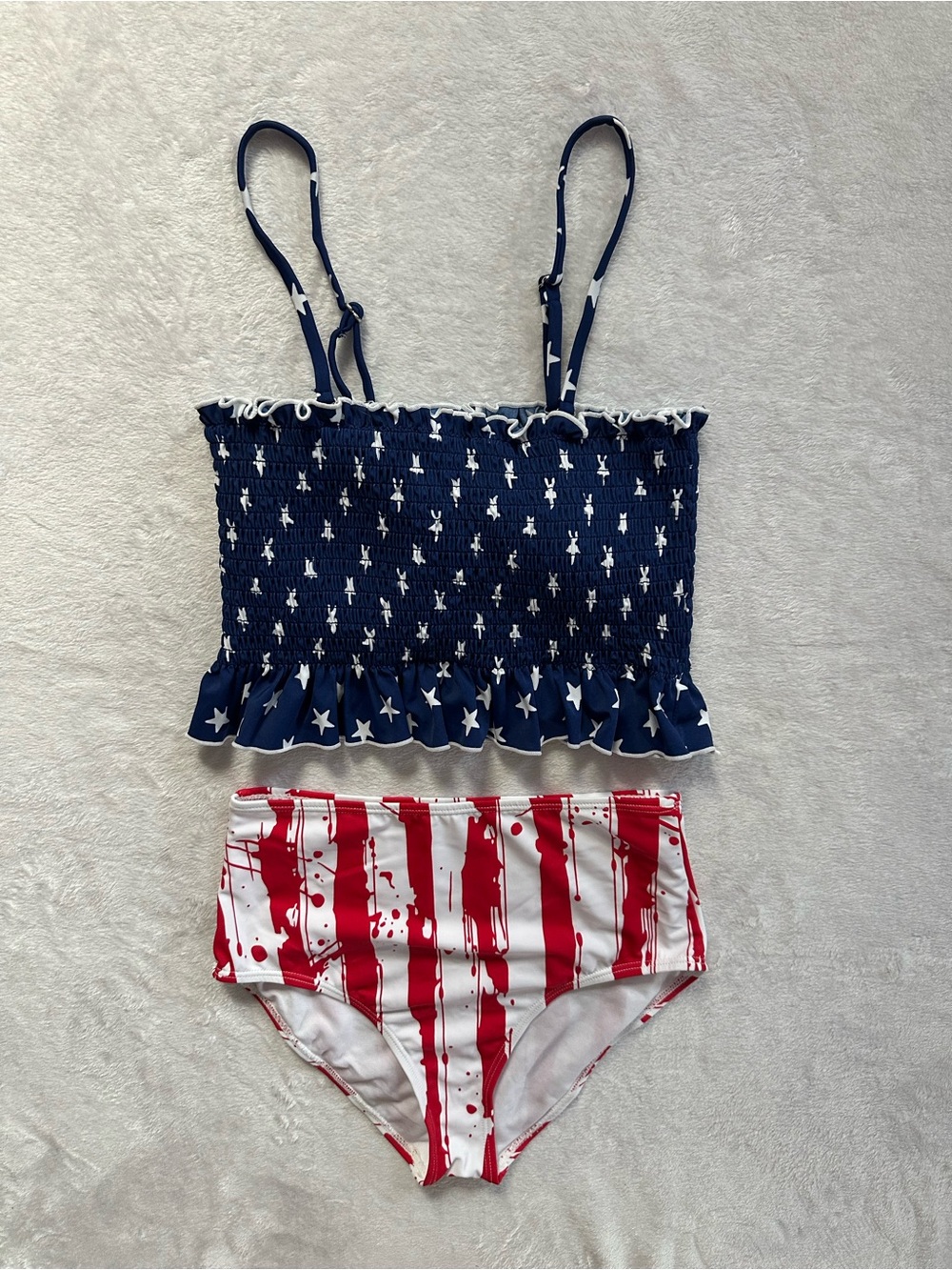 American Flag Bikini in Red White Blue Size Small Smocked Top High Rise Bottom